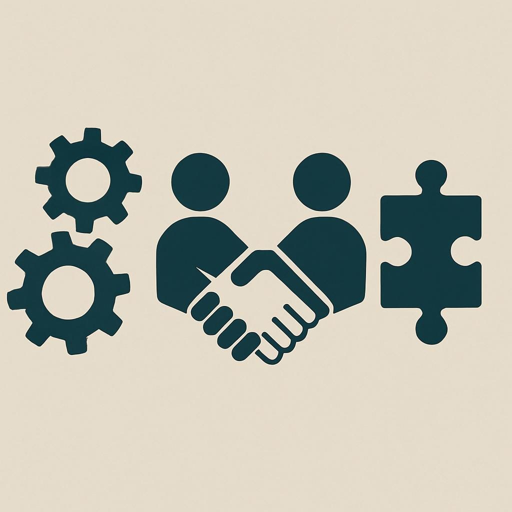 imagem conceitual de parcerias sem mostrar pessoas, por exemplo, duas engrenagens se conectando, aperto de mÃ£os estilizado entre Ã­cones, peÃ§as de quebra-cabeÃ§a se encaixando, ou sÃ­mbolos de colaboraÃ§Ã£o modernos