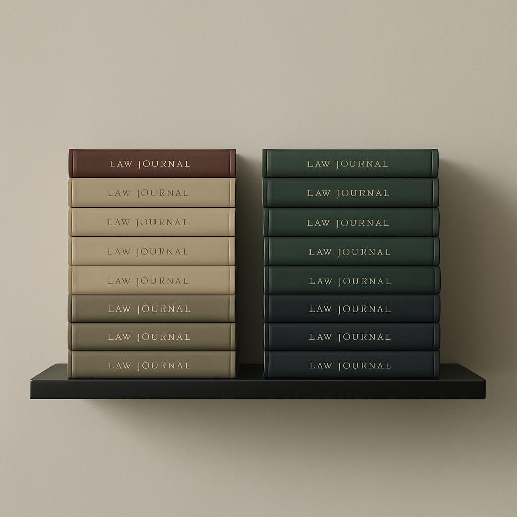 Two stacks of law journals on a shelf.