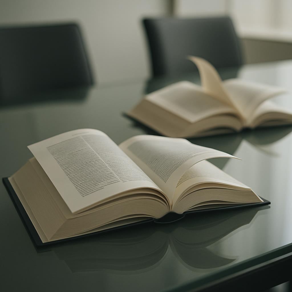 Dark green glass desk or table, two open books, contemporary work or study setting.