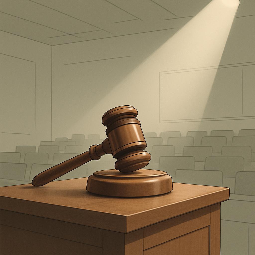 Illustration showing a judge's gavel being struck by a judge's hand on a light brown bench in an empty court room. Light c...