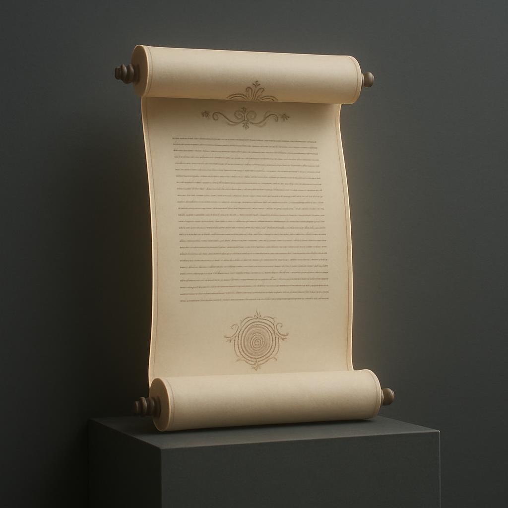 A large, illuminated scroll on a wooden dowel with a decorative design of a central spiral of stylized lines between scrol...