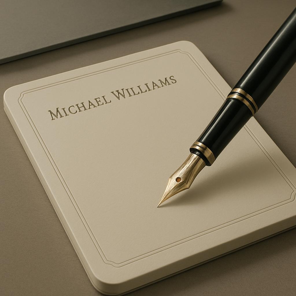 A monogrammed writing pad with a gold tipped pen is displayed on a brown tablecloth.
