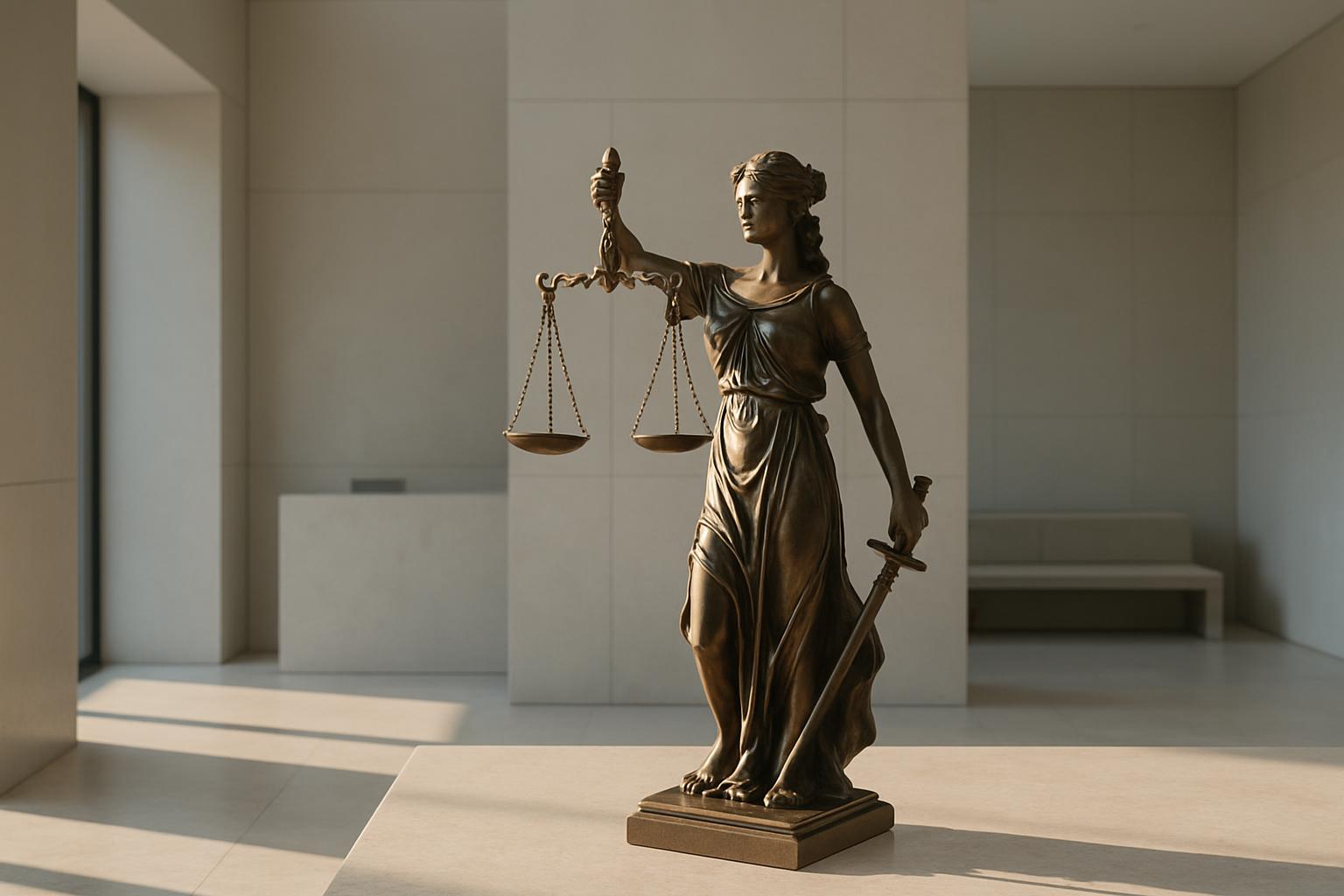 A bronze statue of the goddess of justice, Themis, holding the scales of justice and a brandished sword.