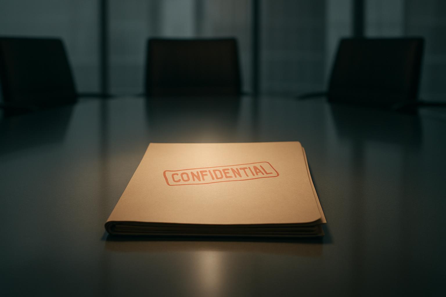 A tan folder labeled with 'CONFIDENTIAL' in red. It's placed on a shiny, dark table, illuminated by whatever is near. The ...