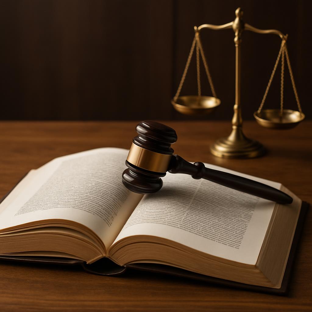 An open book and a gavel on a table, with a scale in the background. The gavel is made of dark wood and has a gold band ar...