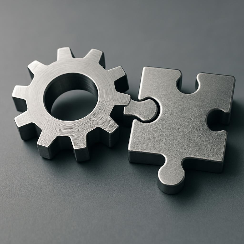 Uma fotografia realista de dois objetos conectados representando parceria, como duas engrenagens metÃ¡licas encaixadas ou peÃ§as de quebra-cabeÃ§a reais unidas, sem mostrar pessoas, com aparÃªncia profissional e moderna.