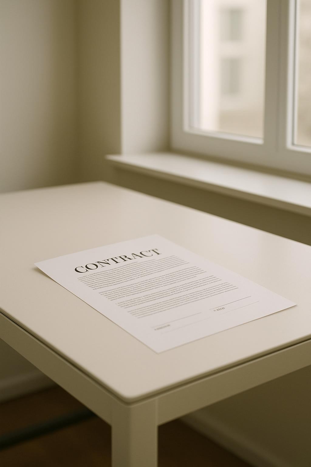 Uma mesa branca com um contrato em cima, mantendo a mesma paleta de cores suave e profissional da imagem anterior. NÃ£o deve ter uma planta, sÃ³ o contrato bem visÃ­vel.