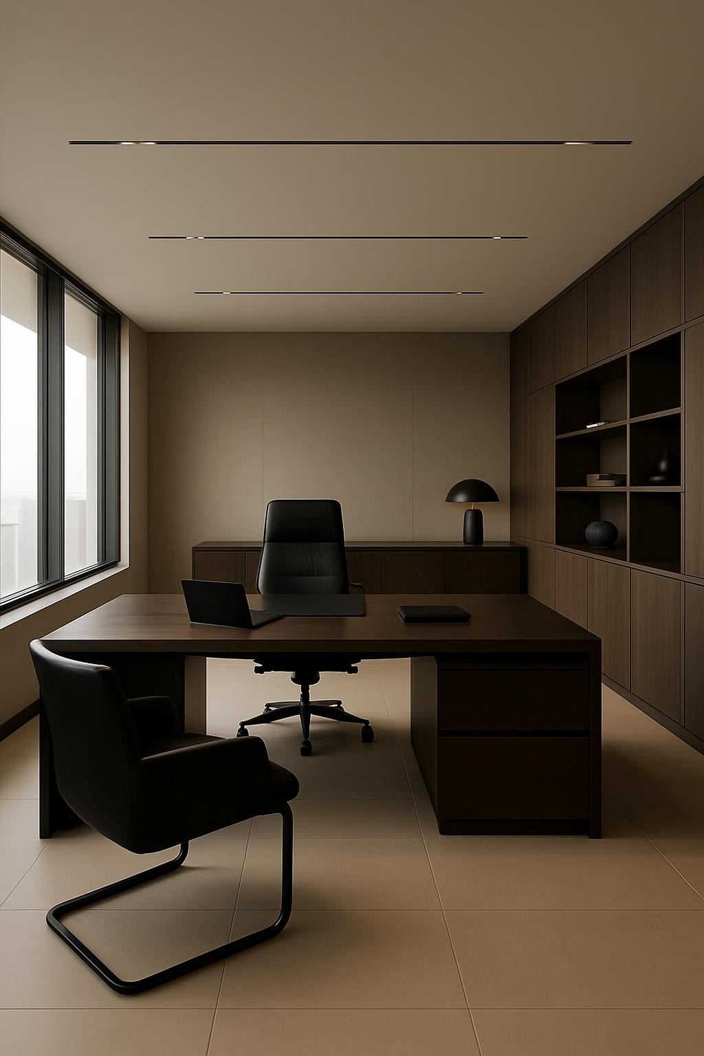 escritÃ³rio elegante do patrÃ£o, ambiente executivo, moderno, sofisticado, sem pessoas